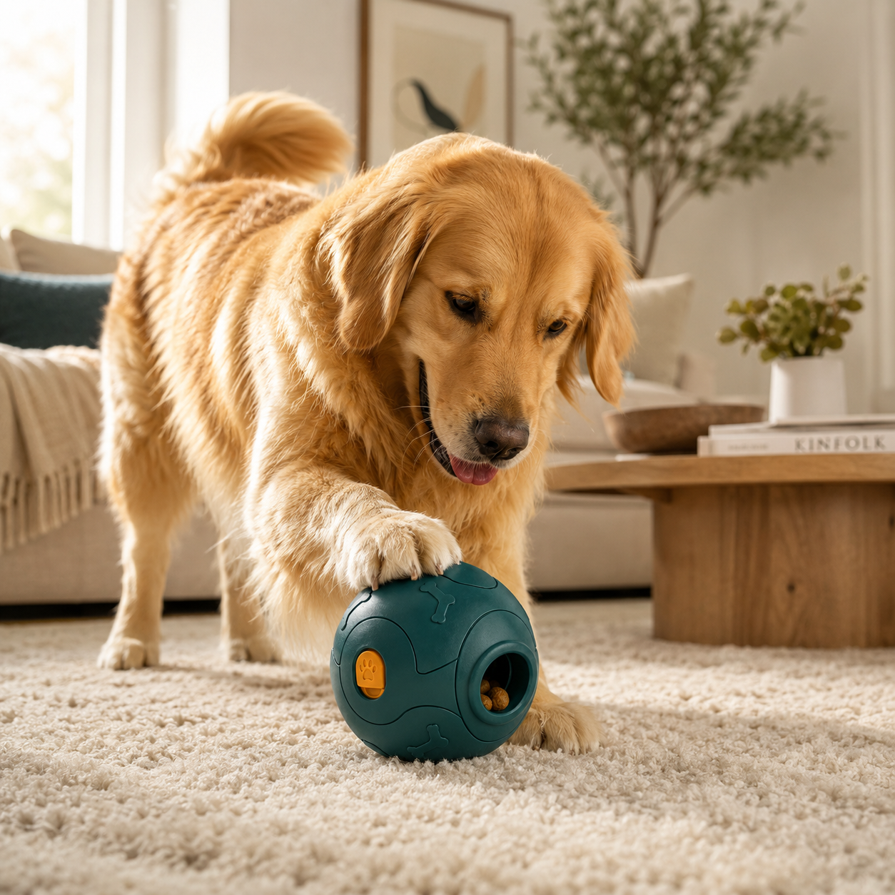 Dog playing with Soviqel Waggle Ball at home