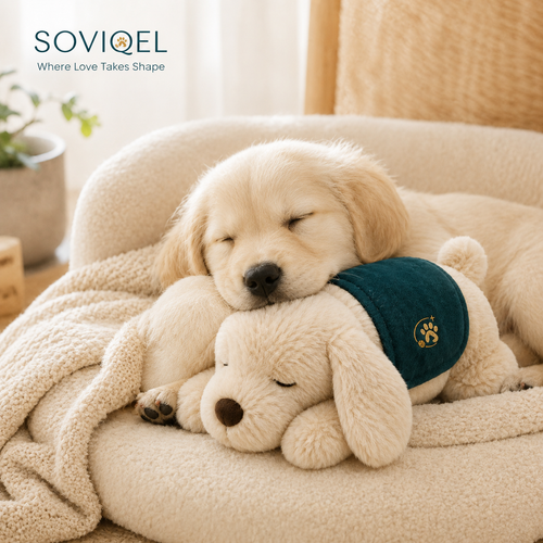 Dog relaxing with Soviqel Calming Plush Toy