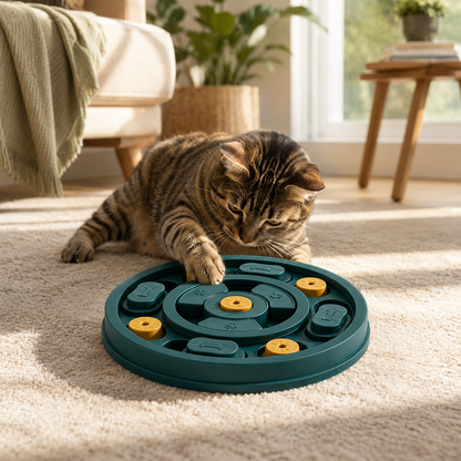 Cat exploring the Soviqel Puzzle Feeder at home