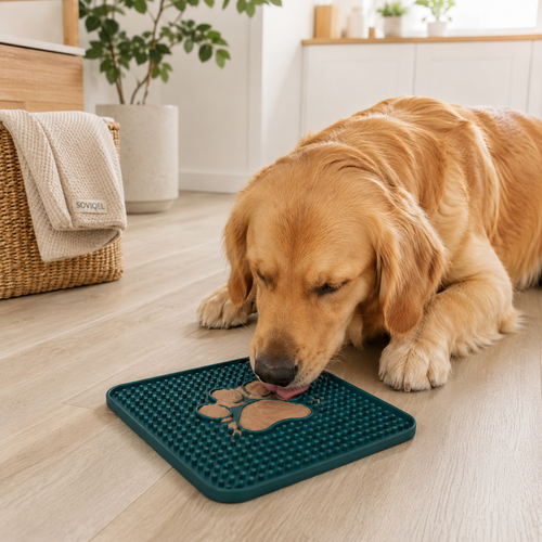 Golden retriever using Soviqel Lick Mat at home