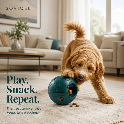 Dog playing with Soviqel Treat Tumbler indoors