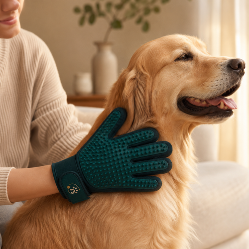 Pet owner grooming golden retriever with Soviqel Grooming Glove