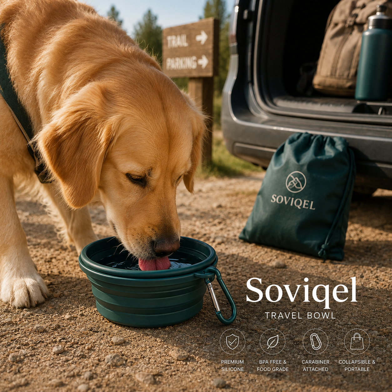 Dog drinking from Soviqel Travel Bowl during an outdoor trip