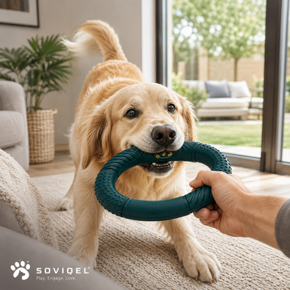 Dog and owner playing with Soviqel Tug Ring