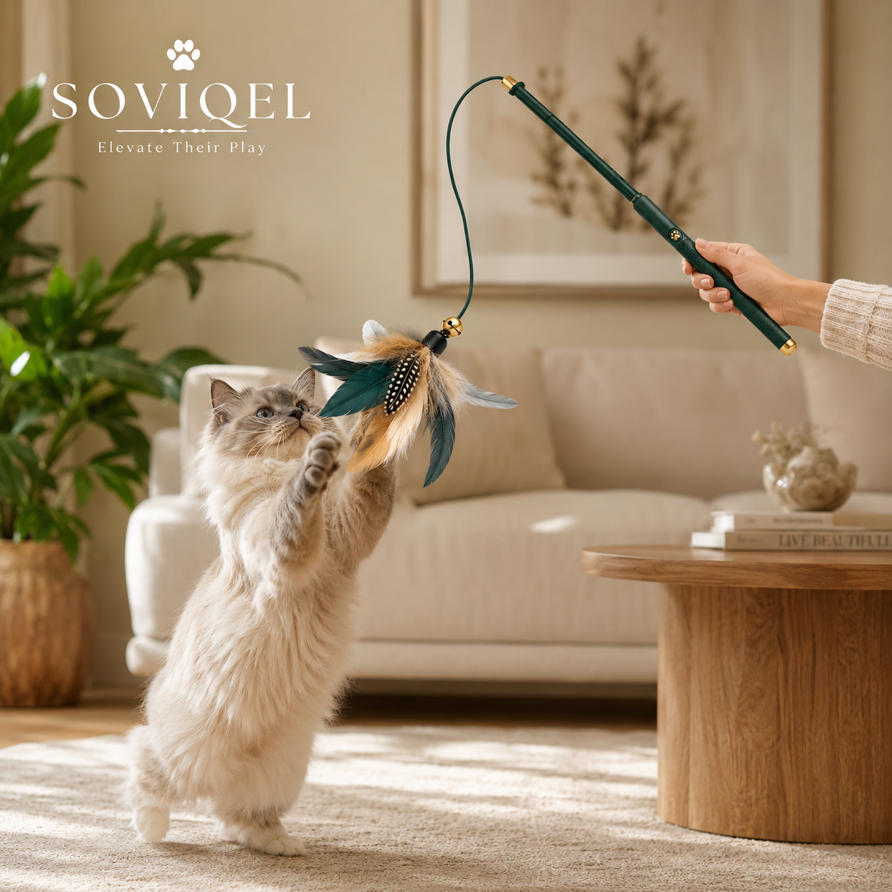 Cat playing with Soviqel Cat Teaser Wand at home