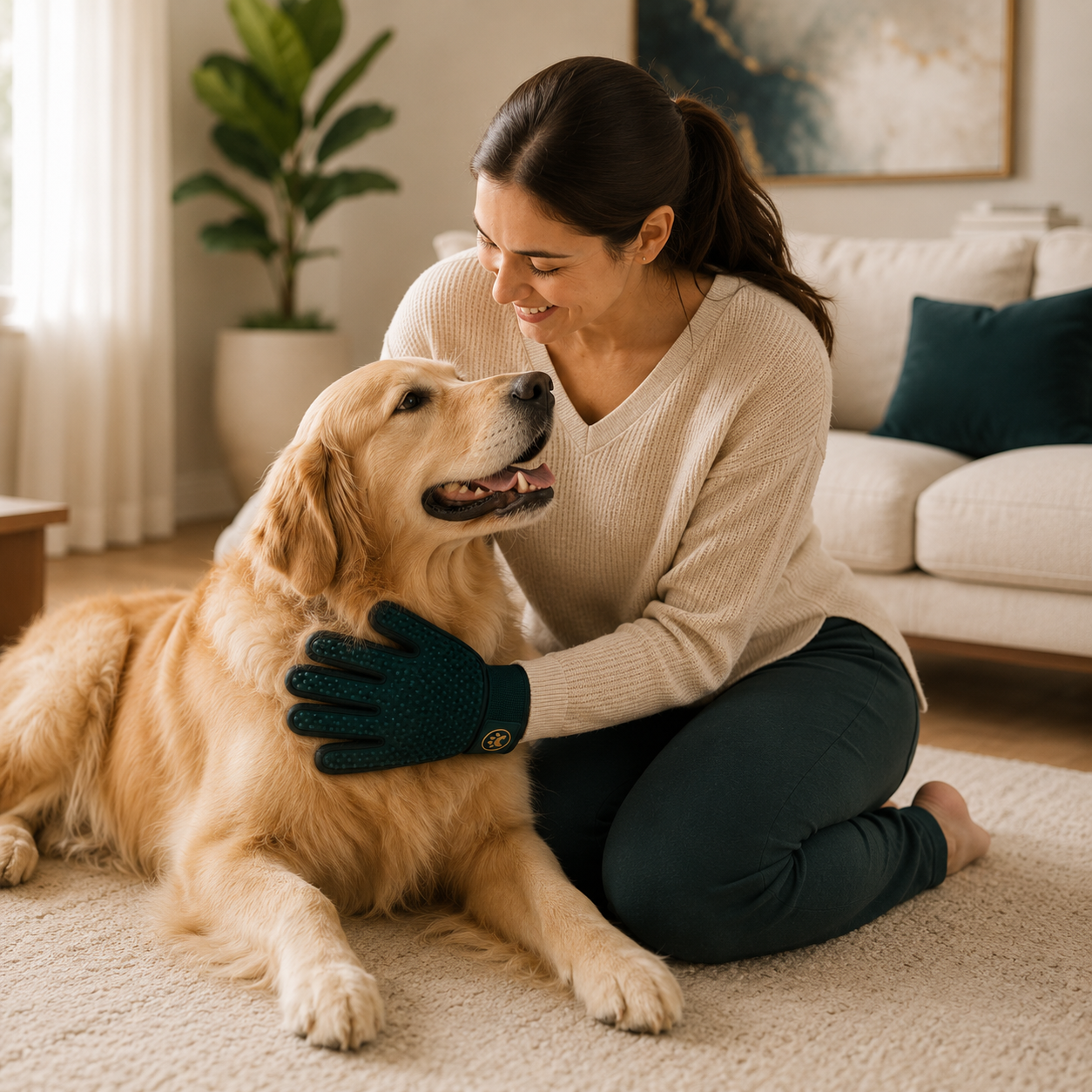 Owner grooming dog with Soviqel glove