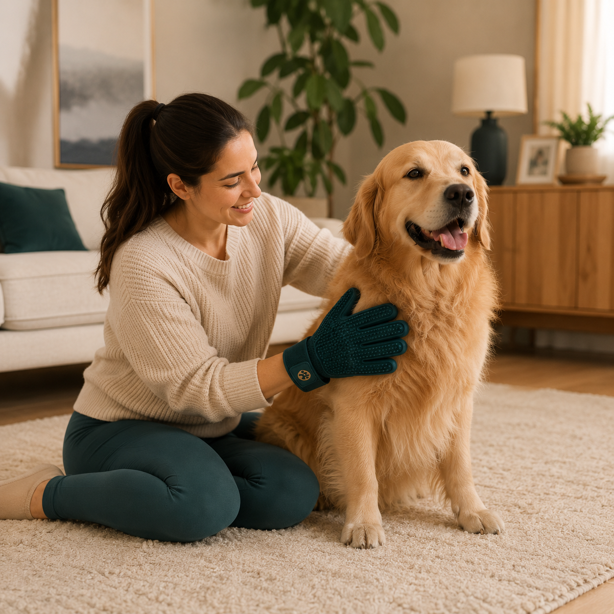 Owner and dog sharing a quiet grooming moment