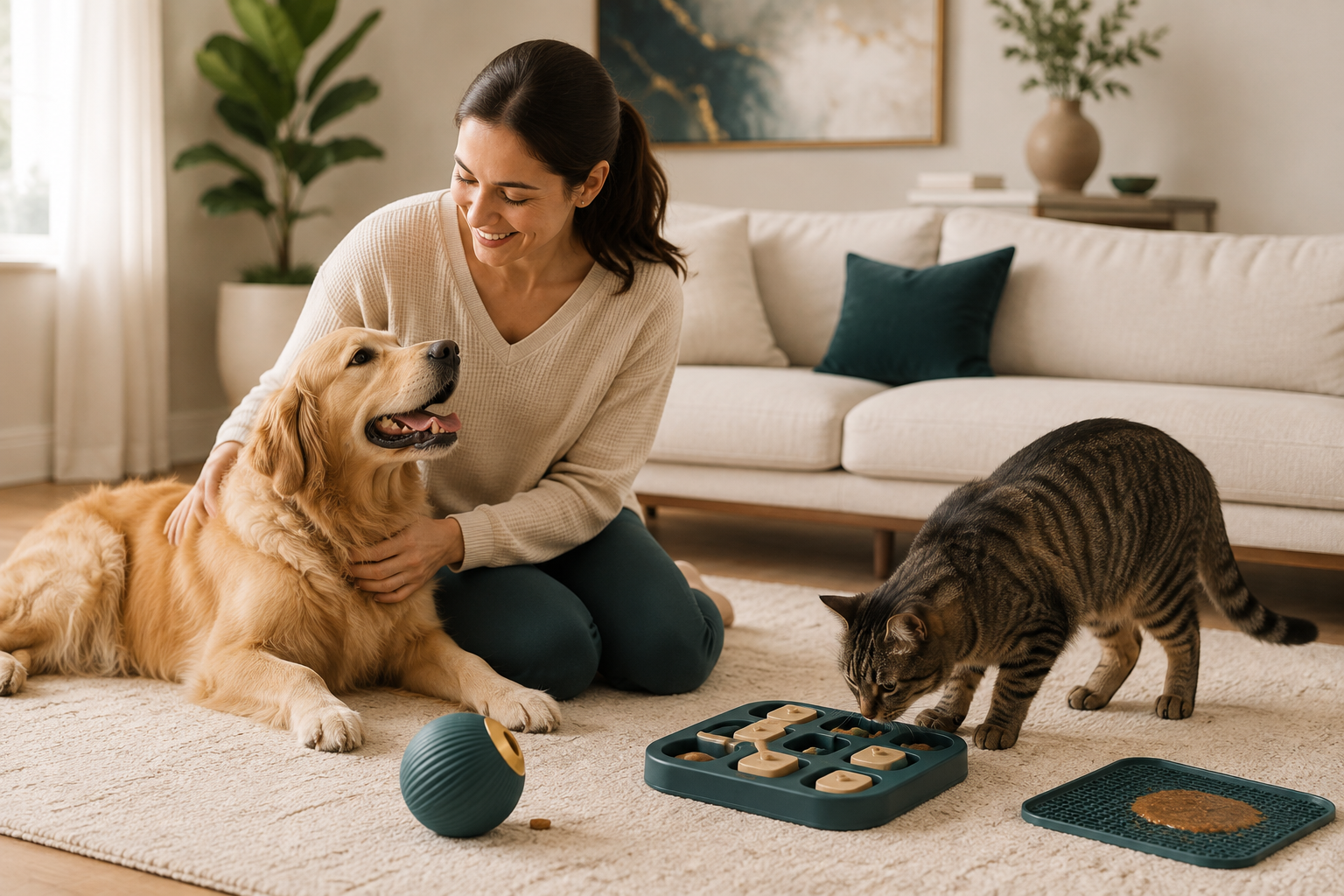 Pets and owner using Soviqel products at home